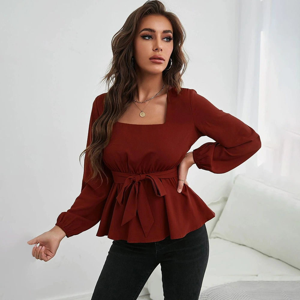 ZARA Elegant Square Neck Elastic Waist Ruffle Long Sleeve Blouse